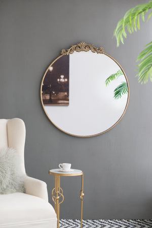 English Elm 36" Round Baroque Iron Frame Wall Mirror Matte Sculptural Relief Entryway Accent Gold W2078124102