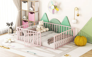 English Elm Full Floor Metal Bed Frame with Decorative Fence and Door for Kids, Elegant Low-Profile Sleep Space Pink MF307107AAH