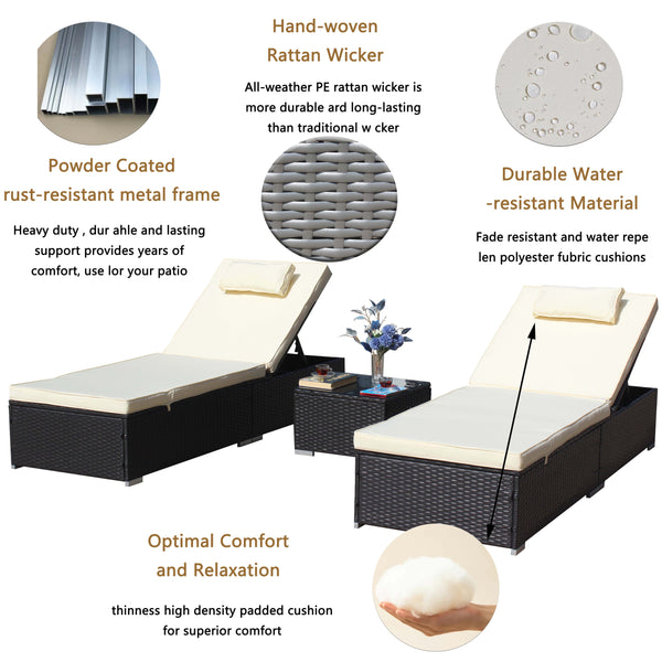English Elm 3-Piece Outdoor Rattan Patio Furniture Set With Adjustable Chaise Lounges & Glass Coffee Table W209S00016