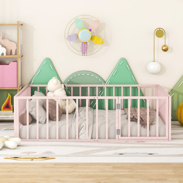 English Elm Full Floor Metal Bed Frame with Decorative Fence and Door for Kids, Elegant Low-Profile Sleep Space Pink MF307107AAH