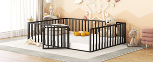 English Elm Queen Metal Floor Bed Frame with Decorative Fence and Door for Kids Rooms, Elegant Safe Design, 82.5"L x 62"W Black MF307106AAB