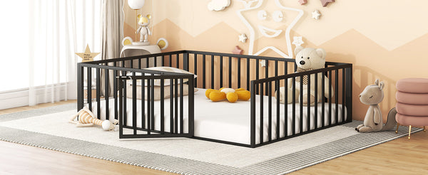 English Elm Queen Metal Floor Bed Frame with Decorative Fence and Door for Kids Rooms, Elegant Safe Design, 82.5"L x 62"W Black MF307106AAB