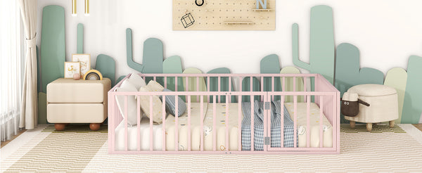 English Elm Queen Metal Floor Bed Frame with Decorative Fence and Door for Kids Rooms, Elegant Safe Design, 82.5"L x 62"W Pink MF307106AAH