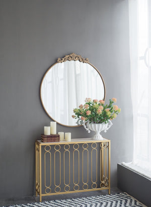 English Elm 36" Round Baroque Iron Frame Wall Mirror Matte Sculptural Relief Entryway Accent Gold W2078124102