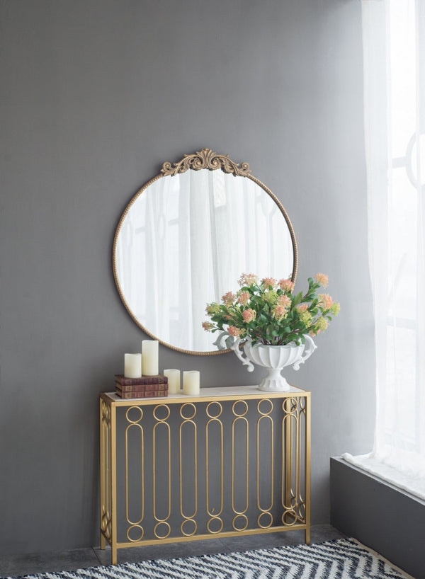 English Elm 36" Round Baroque Iron Frame Wall Mirror Matte Sculptural Relief Entryway Accent Gold W2078124102