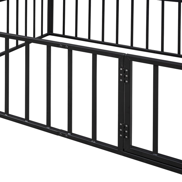 English Elm Full Floor Metal Bed Frame with Decorative Fence and Door for Kids, Elegant Low-Profile Sleep Space Black MF307107AAB