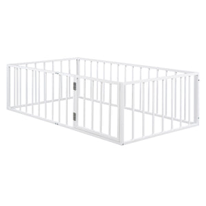 English Elm Twin Metal Floor Bed Frame with Decorative Fence and Little Door for Kids Rooms, Elegant Safe Design White MF307108AAK