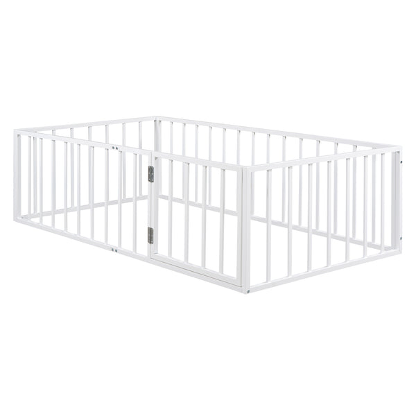 English Elm Twin Metal Floor Bed Frame with Decorative Fence and Little Door for Kids Rooms, Elegant Safe Design White MF307108AAK