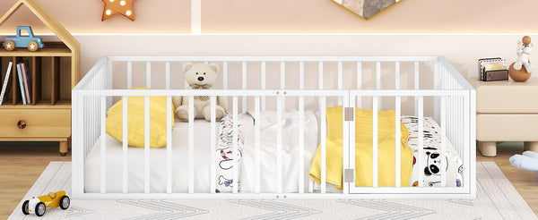 English Elm Queen Metal Floor Bed Frame with Decorative Fence and Door for Kids Rooms, Elegant Safe Design, 82.5"L x 62"W White MF307106AAK