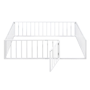 English Elm Full Floor Metal Bed Frame with Decorative Fence and Door for Kids, Elegant Low-Profile Sleep Space White MF307107AAK
