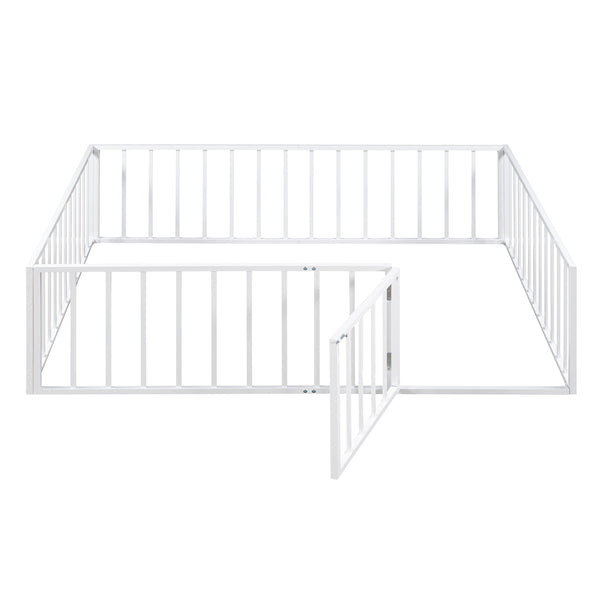 English Elm Full Floor Metal Bed Frame with Decorative Fence and Door for Kids, Elegant Low-Profile Sleep Space White MF307107AAK