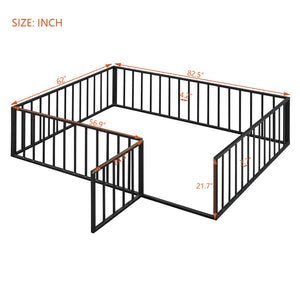 English Elm Queen Metal Floor Bed Frame with Decorative Fence and Door for Kids Rooms, Elegant Safe Design, 82.5"L x 62"W Black MF307106AAB