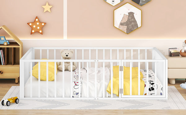 English Elm Queen Metal Floor Bed Frame with Decorative Fence and Door for Kids Rooms, Elegant Safe Design, 82.5"L x 62"W White MF307106AAK