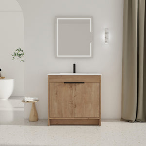 English Elm 36" Freestanding Bathroom Vanity with White Ceramic Sink, Soft-Close Doors, Adjustable Shelf, Scratch & Water-Resistant Finish W999S00101