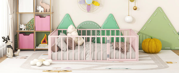 English Elm Full Floor Metal Bed Frame with Decorative Fence and Door for Kids, Elegant Low-Profile Sleep Space Pink MF307107AAH