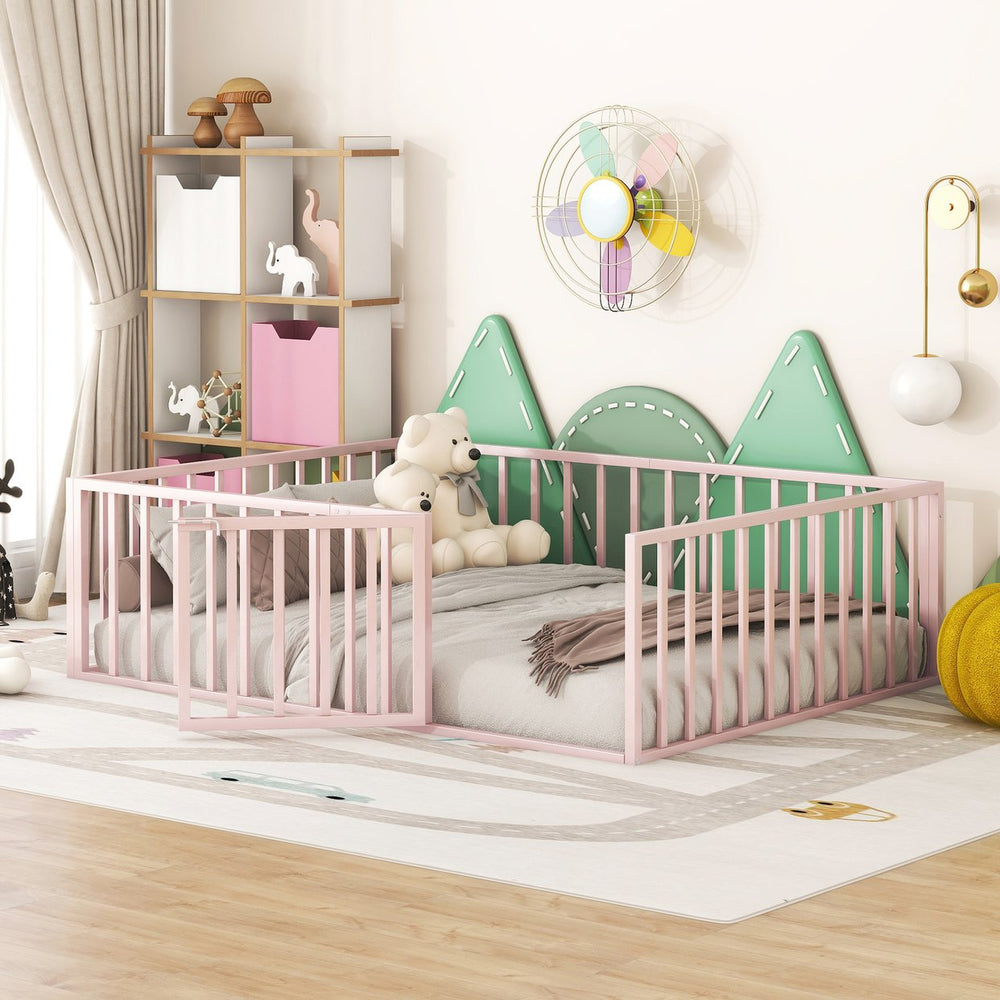 English Elm Full Floor Metal Bed Frame with Decorative Fence and Door for Kids, Elegant Low-Profile Sleep Space Pink MF307107AAH