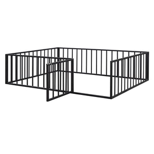 English Elm Queen Metal Floor Bed Frame with Decorative Fence and Door for Kids Rooms, Elegant Safe Design, 82.5"L x 62"W Black MF307106AAB