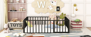 English Elm Full Floor Metal Bed Frame with Decorative Fence and Door for Kids, Elegant Low-Profile Sleep Space Black MF307107AAB