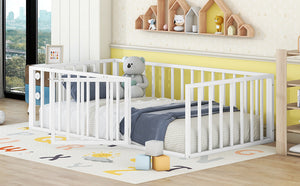 English Elm Twin Metal Floor Bed Frame with Decorative Fence and Little Door for Kids Rooms, Elegant Safe Design White MF307108AAK