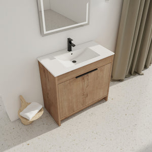 English Elm 36" Freestanding Bathroom Vanity with White Ceramic Sink, Soft-Close Doors, Adjustable Shelf, Scratch & Water-Resistant Finish W999S00101