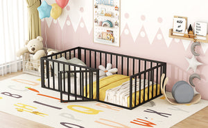 English Elm Twin Metal Floor Bed Frame with Decorative Fence and Little Door for Kids Rooms, Elegant Safe Design Black MF307108AAB