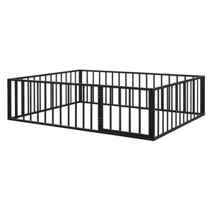 English Elm Queen Metal Floor Bed Frame with Decorative Fence and Door for Kids Rooms, Elegant Safe Design, 82.5"L x 62"W Black MF307106AAB