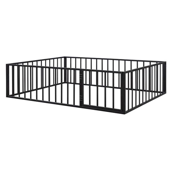 English Elm Queen Metal Floor Bed Frame with Decorative Fence and Door for Kids Rooms, Elegant Safe Design, 82.5"L x 62"W Black MF307106AAB