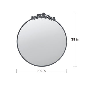 English Elm 36" Round Baroque Iron Frame Wall Mirror Matte Sculptural Relief Entryway Accent Black W2078124103