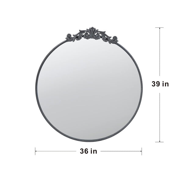English Elm 36" Round Baroque Iron Frame Wall Mirror Matte Sculptural Relief Entryway Accent Black W2078124103