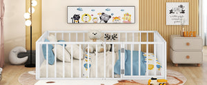 English Elm Full Floor Metal Bed Frame with Decorative Fence and Door for Kids, Elegant Low-Profile Sleep Space White MF307107AAK