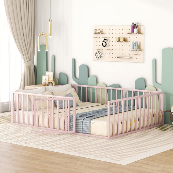 English Elm Queen Metal Floor Bed Frame with Decorative Fence and Door for Kids Rooms, Elegant Safe Design, 82.5"L x 62"W Pink MF307106AAH