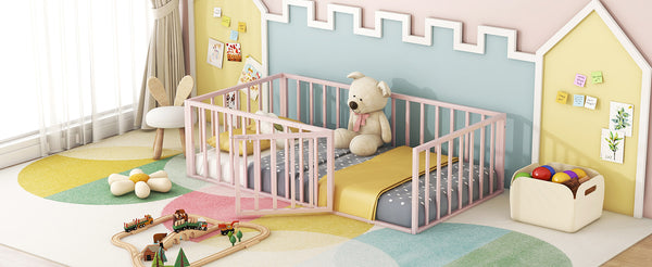 English Elm Twin Metal Floor Bed Frame with Decorative Fence and Little Door for Kids Rooms, Elegant Safe Design Pink MF307108AAH
