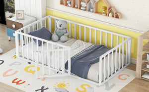 English Elm Twin Metal Floor Bed Frame with Decorative Fence and Little Door for Kids Rooms, Elegant Safe Design White MF307108AAK