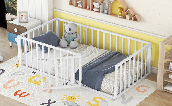 English Elm Twin Metal Floor Bed Frame with Decorative Fence and Little Door for Kids Rooms, Elegant Safe Design White MF307108AAK