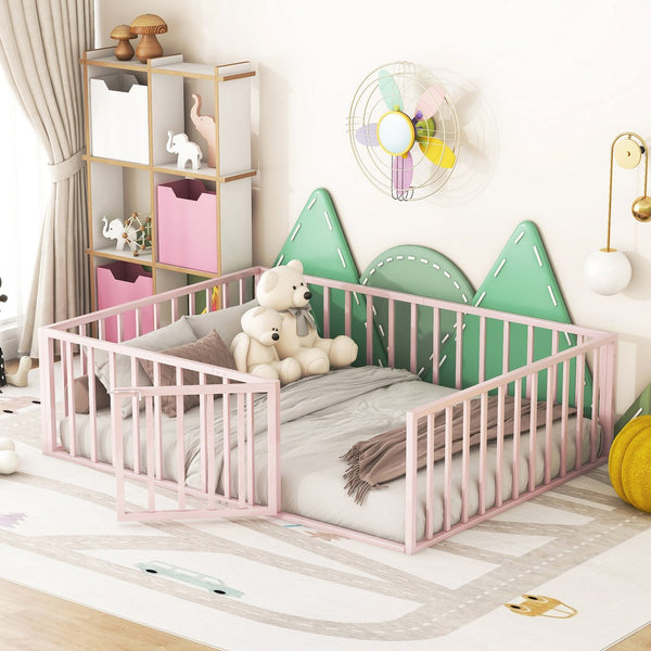 English Elm Full Floor Metal Bed Frame with Decorative Fence and Door for Kids, Elegant Low-Profile Sleep Space Pink MF307107AAH