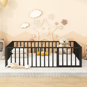 English Elm Queen Metal Floor Bed Frame with Decorative Fence and Door for Kids Rooms, Elegant Safe Design, 82.5"L x 62"W Black MF307106AAB