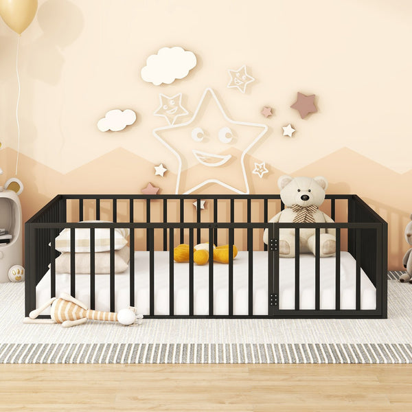 English Elm Queen Metal Floor Bed Frame with Decorative Fence and Door for Kids Rooms, Elegant Safe Design, 82.5"L x 62"W Black MF307106AAB