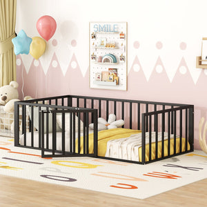 English Elm Twin Metal Floor Bed Frame with Decorative Fence and Little Door for Kids Rooms, Elegant Safe Design Black MF307108AAB