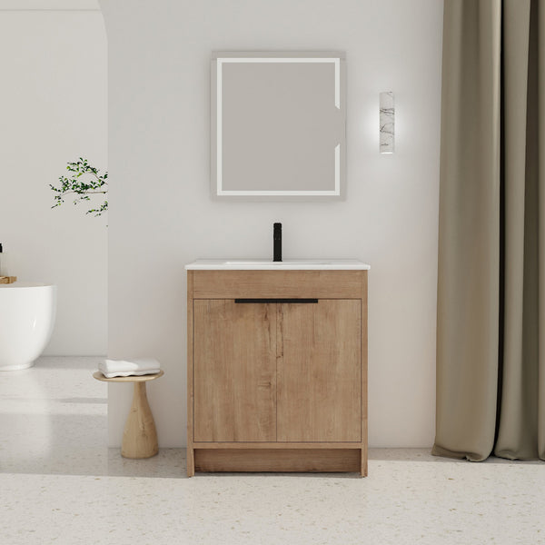 English Elm 30" Freestanding Bathroom Vanity With White Ceramic Sink, Soft-Close Doors & Adjustable Storage Shelf W999S00100