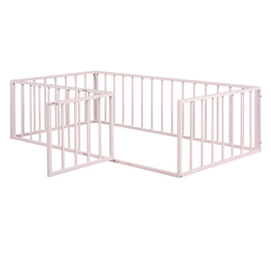 English Elm Twin Metal Floor Bed Frame with Decorative Fence and Little Door for Kids Rooms, Elegant Safe Design Pink MF307108AAH
