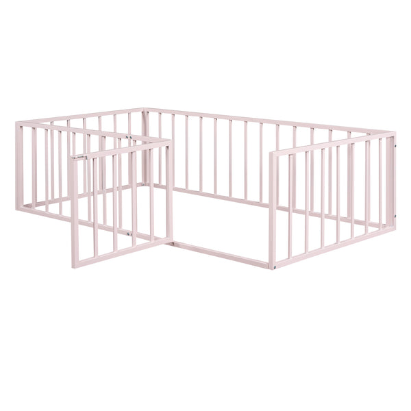 English Elm Twin Metal Floor Bed Frame with Decorative Fence and Little Door for Kids Rooms, Elegant Safe Design Pink MF307108AAH