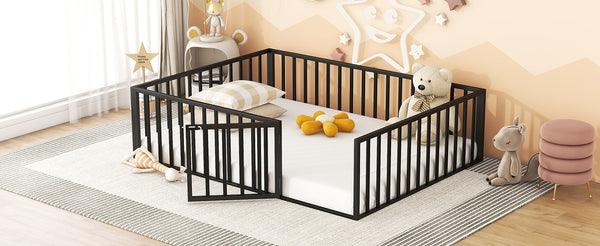 English Elm Queen Metal Floor Bed Frame with Decorative Fence and Door for Kids Rooms, Elegant Safe Design, 82.5"L x 62"W Black MF307106AAB