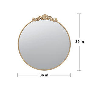 English Elm 36" Round Baroque Iron Frame Wall Mirror Matte Sculptural Relief Entryway Accent Gold W2078124102