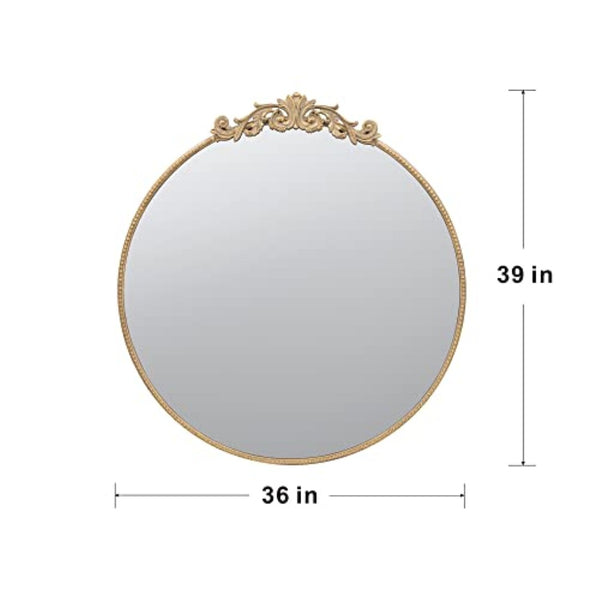 English Elm 36" Round Baroque Iron Frame Wall Mirror Matte Sculptural Relief Entryway Accent Gold W2078124102