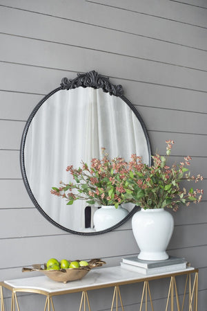 English Elm 36" Round Baroque Iron Frame Wall Mirror Matte Sculptural Relief Entryway Accent Black W2078124103
