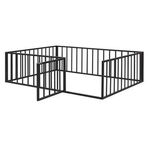 English Elm Full Floor Metal Bed Frame with Decorative Fence and Door for Kids, Elegant Low-Profile Sleep Space Black MF307107AAB