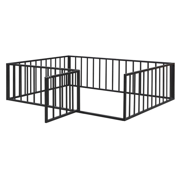 English Elm Full Floor Metal Bed Frame with Decorative Fence and Door for Kids, Elegant Low-Profile Sleep Space Black MF307107AAB
