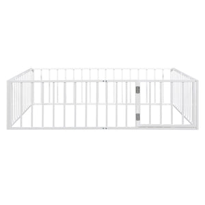 English Elm Queen Metal Floor Bed Frame with Decorative Fence and Door for Kids Rooms, Elegant Safe Design, 82.5"L x 62"W White MF307106AAK