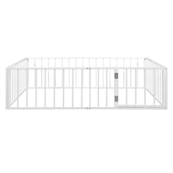 English Elm Queen Metal Floor Bed Frame with Decorative Fence and Door for Kids Rooms, Elegant Safe Design, 82.5"L x 62"W White MF307106AAK