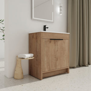 English Elm 30" Freestanding Bathroom Vanity With White Ceramic Sink, Soft-Close Doors & Adjustable Storage Shelf W999S00100